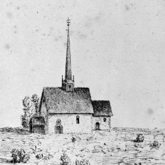 Gerhard Schønings tegning av Løten kirke